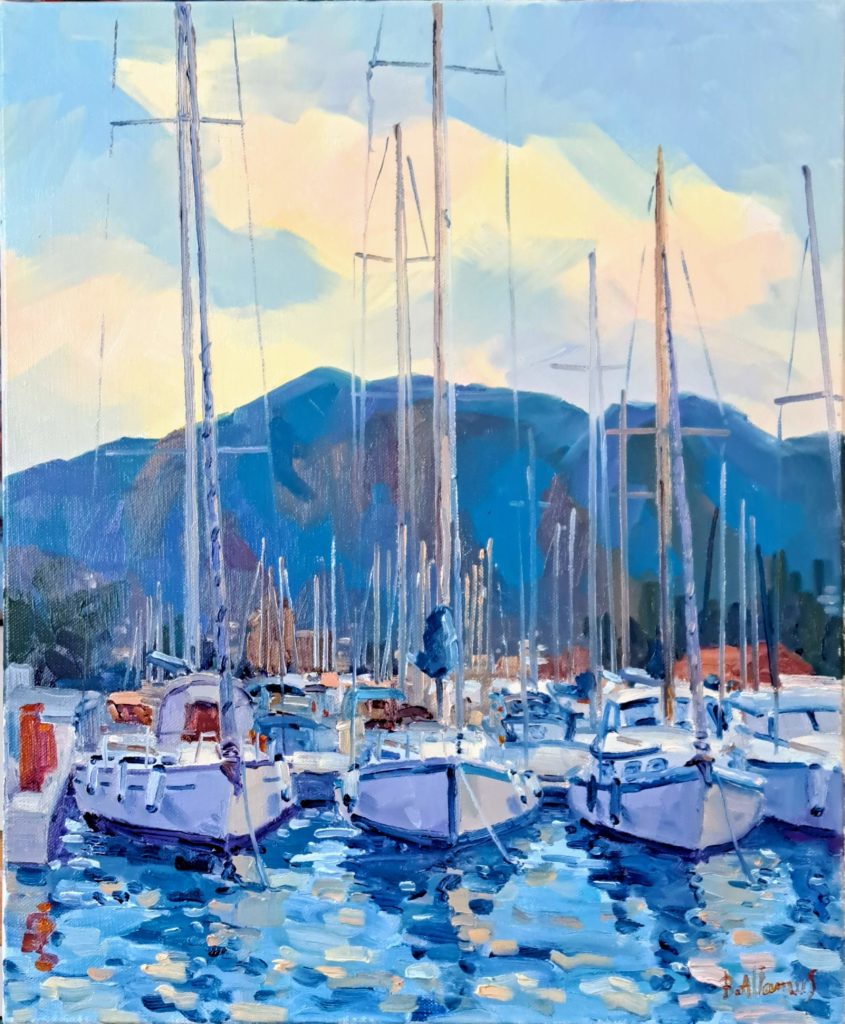 port de Kalamata grèce, bateaux au ponton , huile de béatrice aliamus