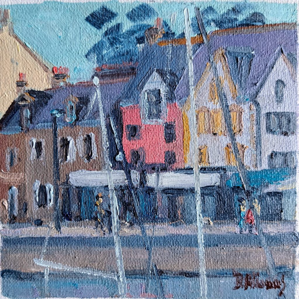 peinture à l'huile de béatrice aliamus représentant les maisons du quai à la Trinité sur mer en Morbihan avec les mats de bateaux