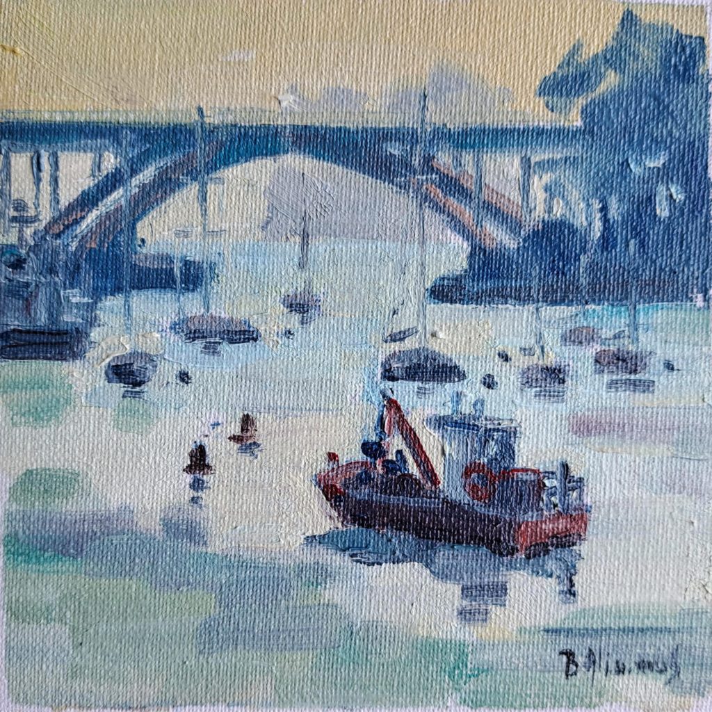 peinture à l'huile de béatrice aliamus représentant la rivière de la trinité sur mer et son pont Eiffel typique
