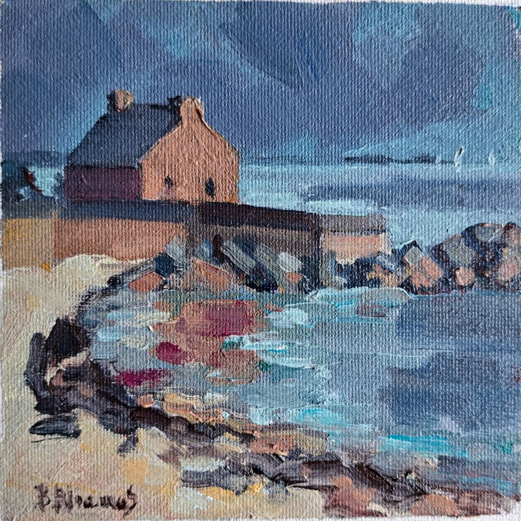 peinture à l'huile de béatrice aliamus représentant une maison de douaniers sur le chemin côtier à Kerbihan à la Trinité sur mer