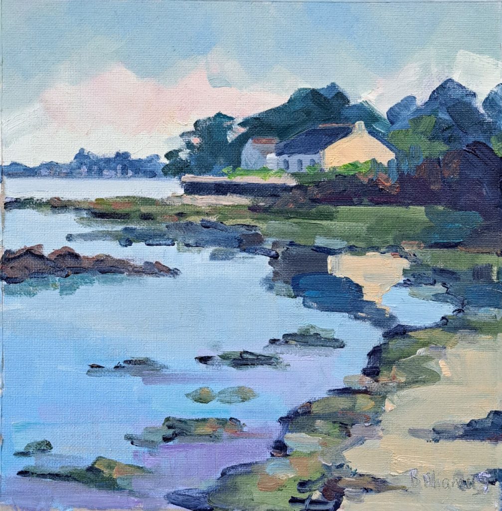 peinture à l'huile de béatrice aliamus représentant un hangar ostréicole dans le Golfe du Morbihan