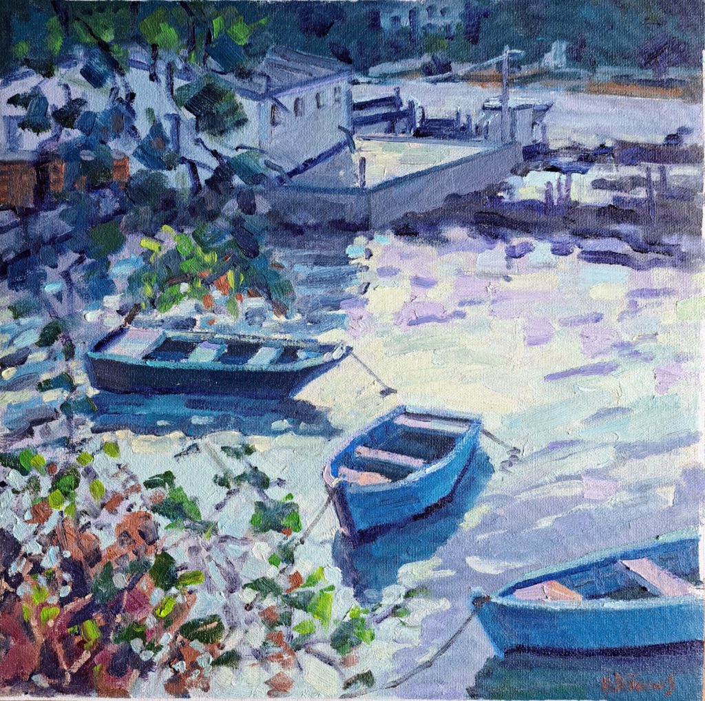 peinture à l'huile de béatrice aliamus représentant 3 plates du Golfe du Morbihan ancrées devant un chantier ostréicole