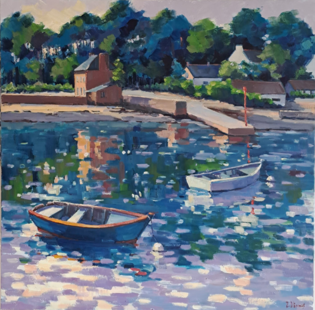 peinture à l'huile de béatrice aliamus représentant le hameau de Fort-Espagnol dans le Golfe du Morbihan avec lumières du soir et reflets