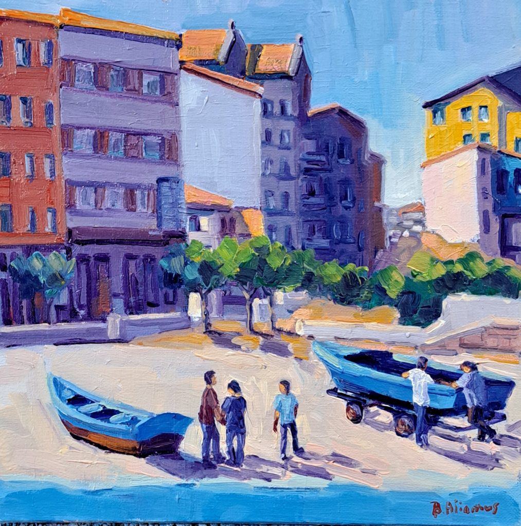 peinture à l'huile de béatrice aliamus représentant des hommes remontant leurs barques sur la plage en Espagne