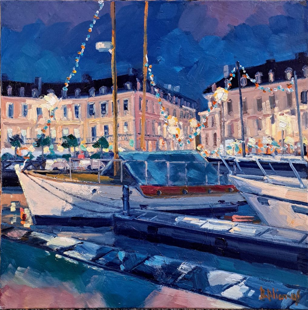 peinture à l'huile de béatrice aliamus représentant le port de Vannes pendant la semaine du golfe avec les bateaux pavoisés