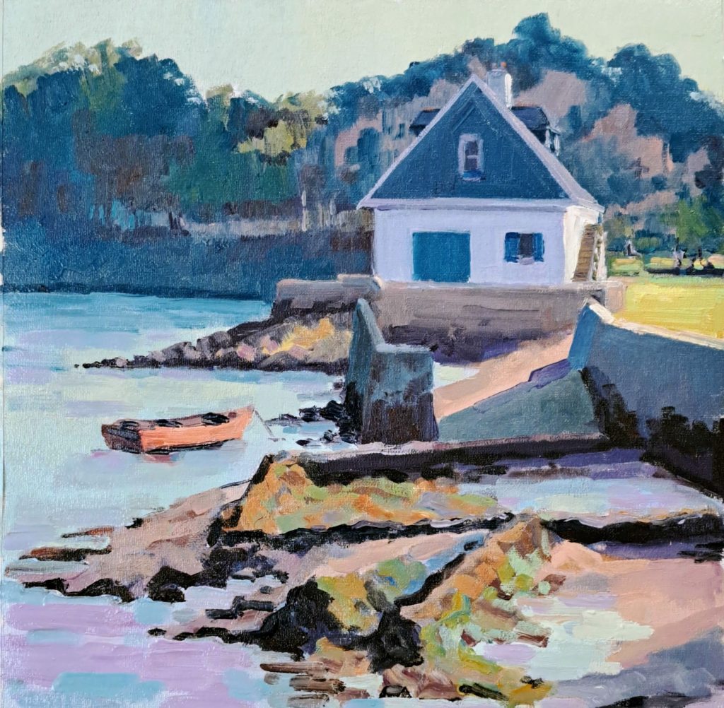 peinture à l'huile de béatrice aliamus représentant une maison d'ostréiculture en rivière de Crach Morbihan