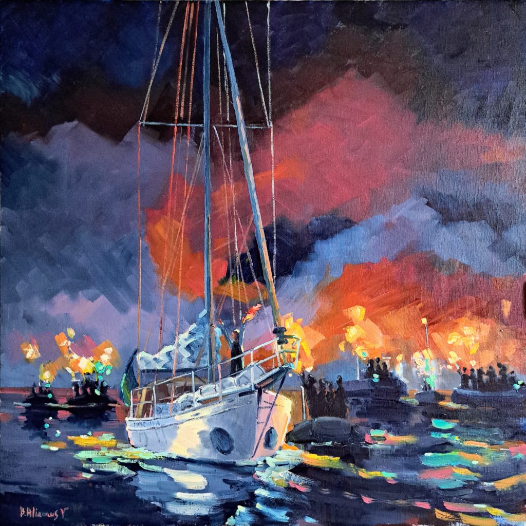 arrivée du vendée globe Kirsten, huile par béatrice aliamus, tour du monde à la voile