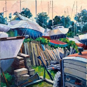Peinture à l'huile de Béatrice Aliamus représentant des bateaux sur le terre-plein au chantier naval Infinity - Le Borgne à Baden avec bers et poutres de soutien