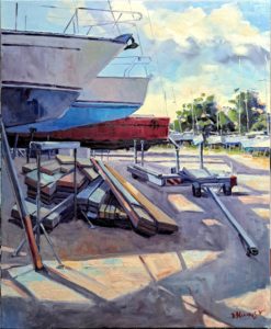 Peinture à l'huile de Béatrice Aliamus représentant des voiliers au sec pour les travaux d'entretien sur un chantier naval en Bretagne