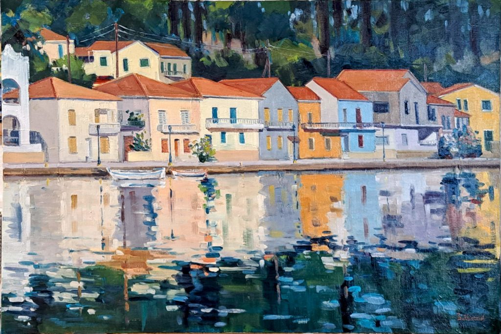 peinture à l'huile de béatrice aliamus représentant le Quai à l'ile d'Ithaque reflets
