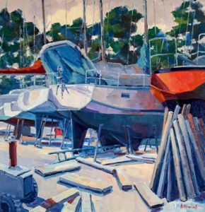 Peinture à l'huile de Béatrice Aliamus représentant des bateaux sur le terre-plein au chantier Infinity à Baden avec reflets de soleil sur les coques