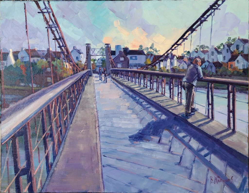 peinture à l'huile de béatrice aliamus représentant le Bono bretagne, son port et son vieux pont