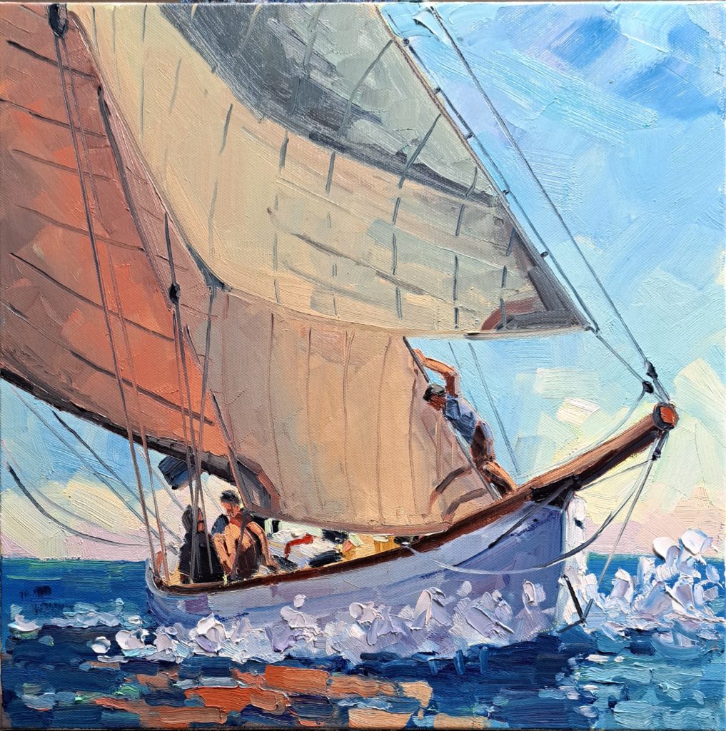 voilier classique Tuiga , huile par béatrice aliamus, régate méditerranée