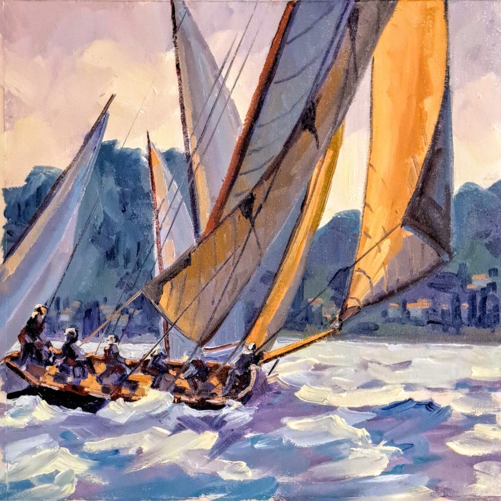 régate classique en Méditerranée, huile par béatrice aliamus carré d'artistes troyes