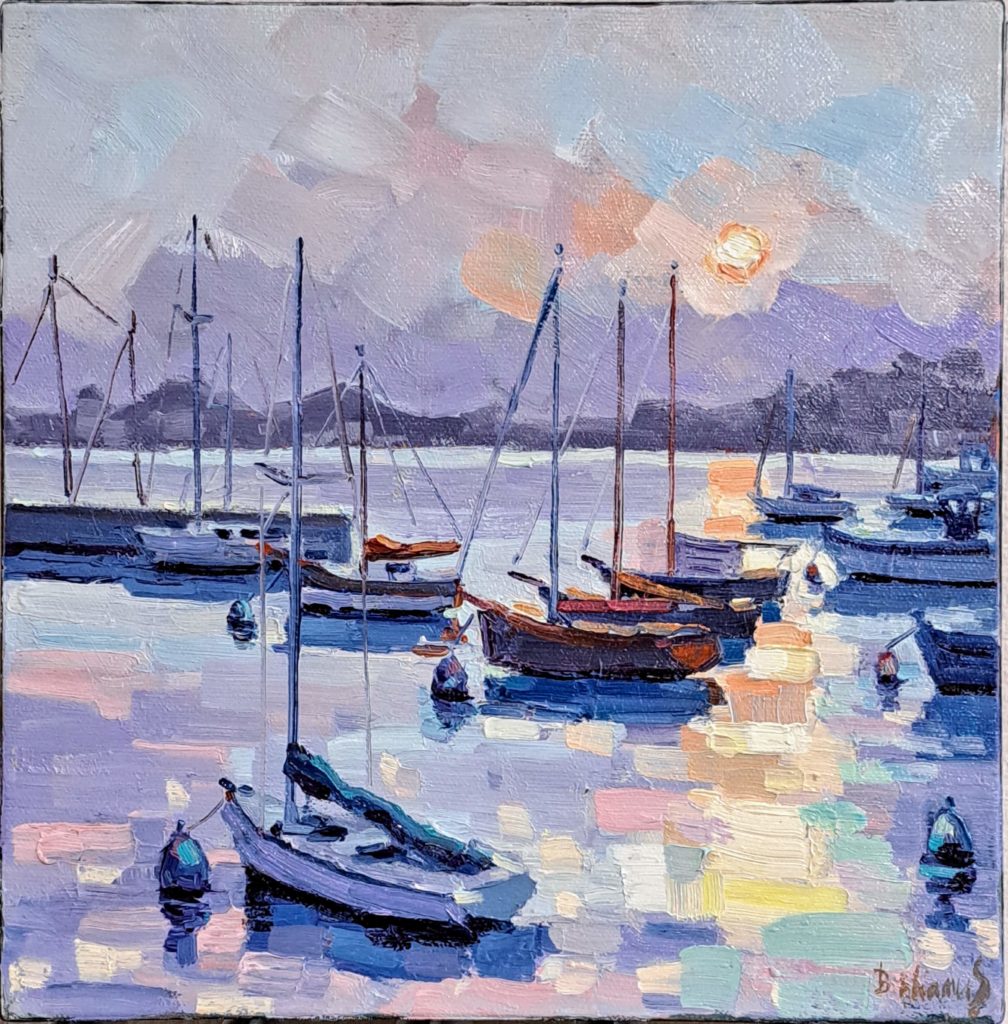 Contre-jour peinture au soleil levant la trinité sur mer bretagne peinture à l'huile de béatrice aliamus