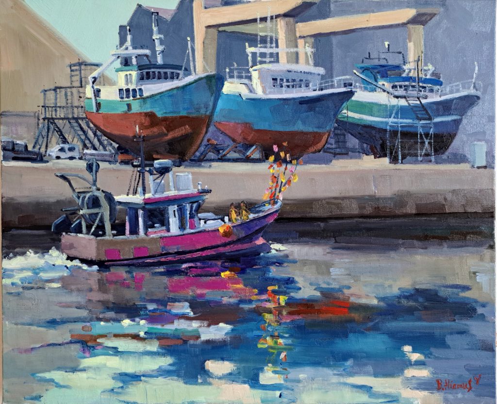 peinture huile bateaux de pêche sur le quai aux sables d'olonne par béatrice aliamus