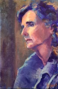 peinture à l'huile de béatrice aliamus, portrait d'une femme brune à l'air songeur