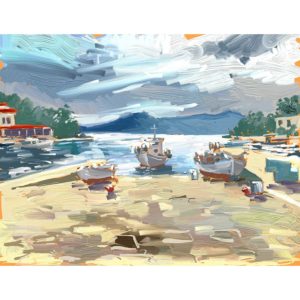 peinture numérique de béatrice aliamus représentant le port de Vathy à contrejour sur la presqu'île de Methana dans le Péloponnèse en Grèce