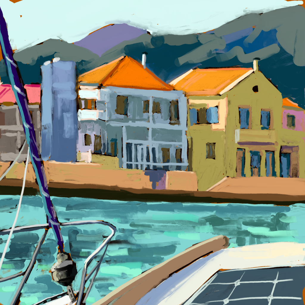 peinture numérique de Béatrice Aliamus représentant le port de Santa Eufemia sur l'île ionienne de Cephalonia en Grèce avec maisons colorées et reflets