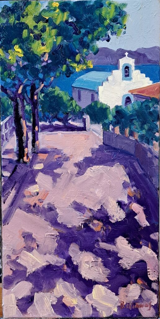 peinture à l'huile de béatrice aliamus, chapelle grecque traditionnelle au bord de la mer Egée