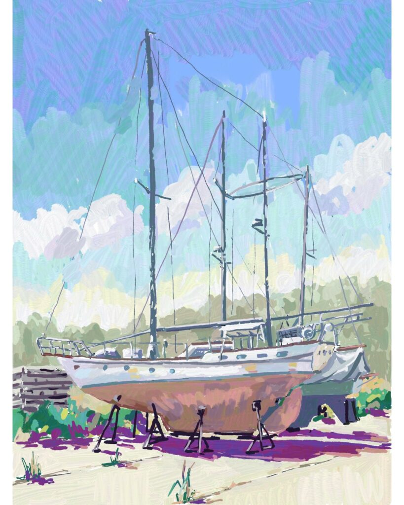 peinture numérique de béatrice aliamus avec vieux bateaux sur le quai