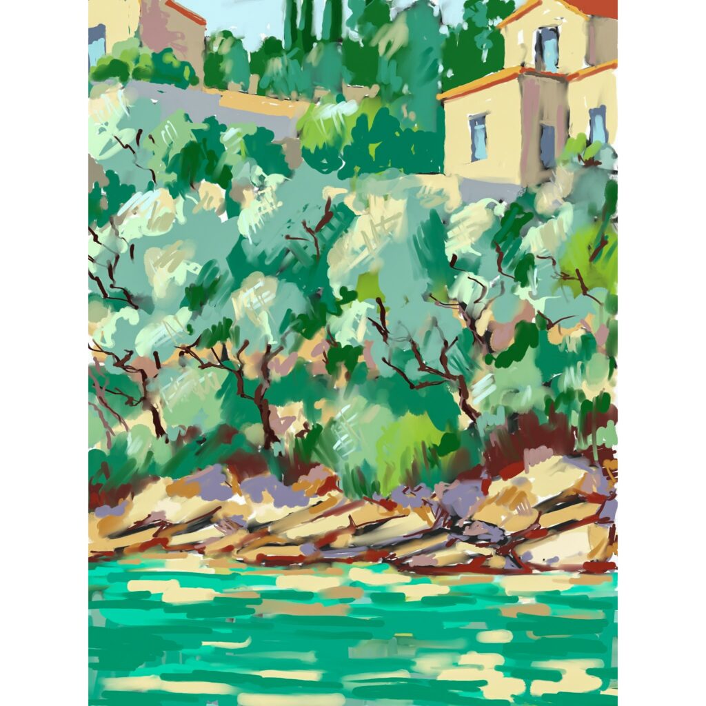 peinture numérique de béatrice aliamus avec les reflets des tamaris dans la mer en grèce