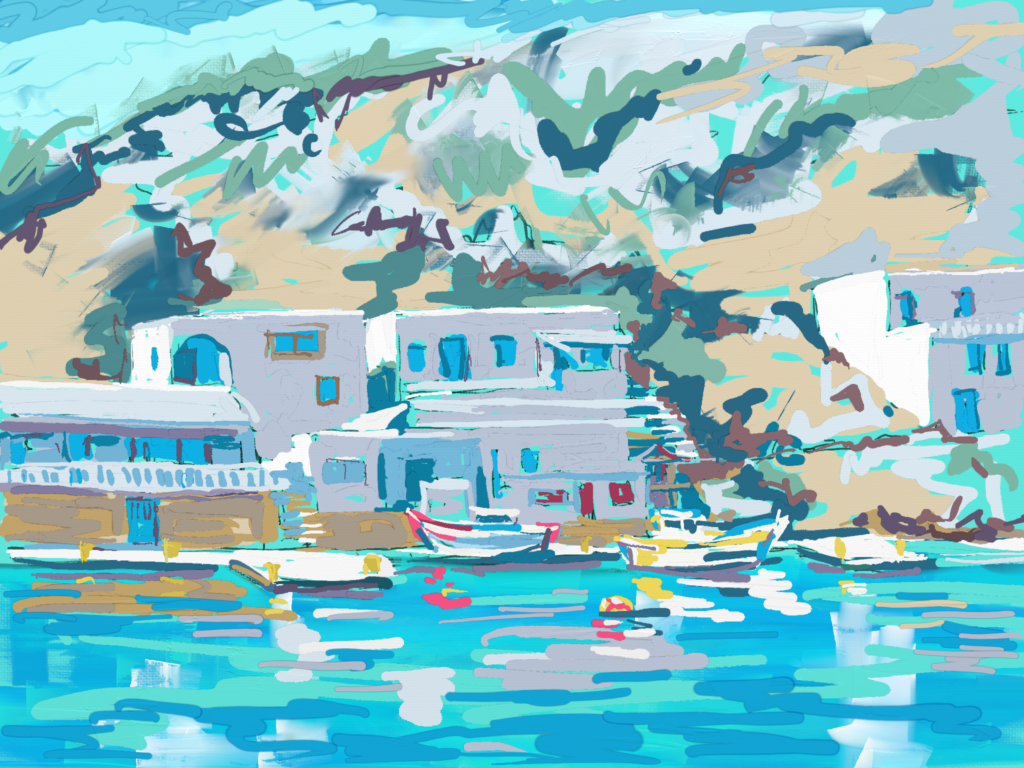 peinture numérique de béatrice aliamus, village de pêcheurs dans le Dodécanèse