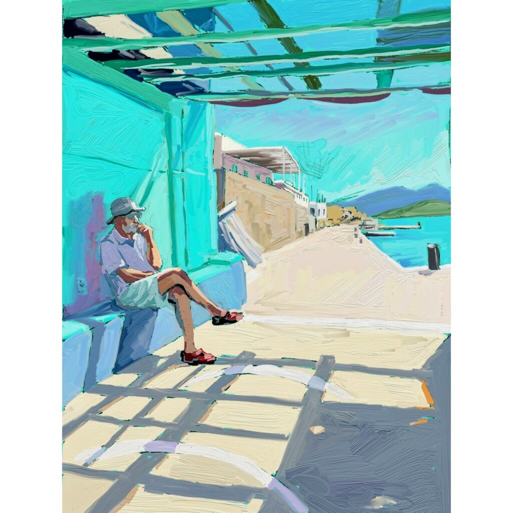 peinture numérique de béatrice aliamus, home assis à l'ombre devant la mer en grèce