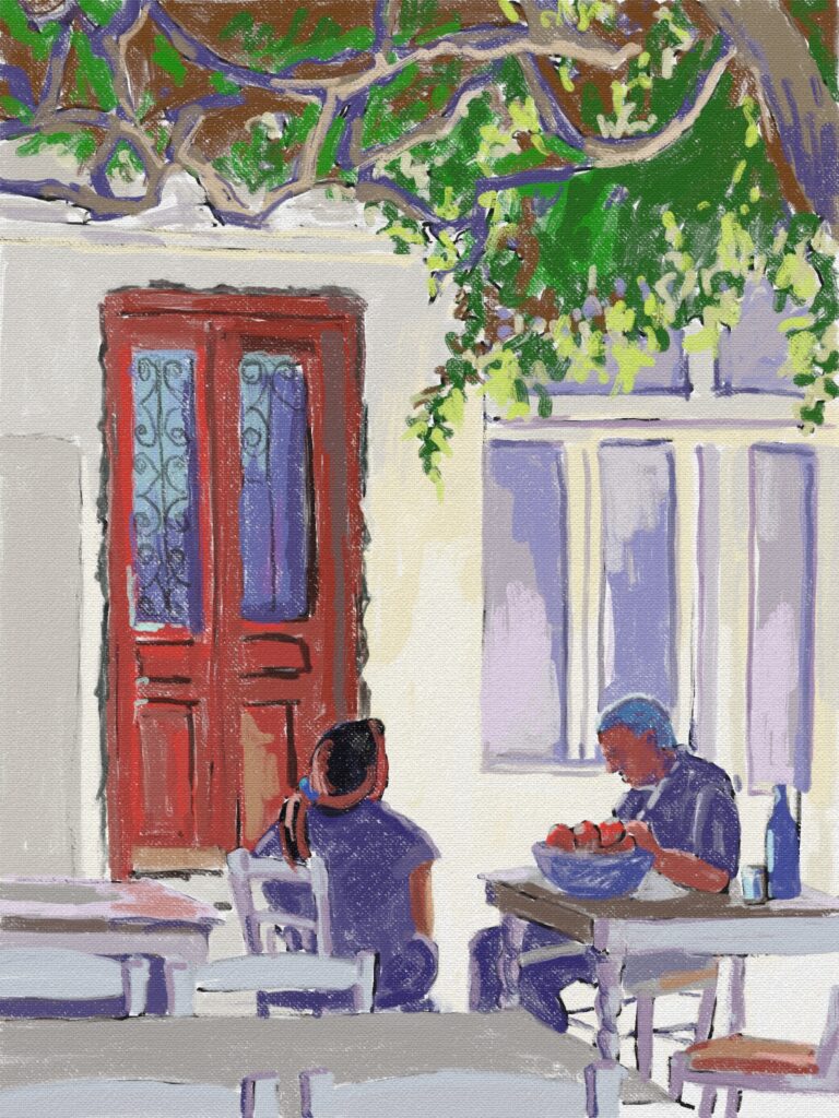peinture numérique de béatrice aliamus, couple devant sa maison dans une chora en grèce