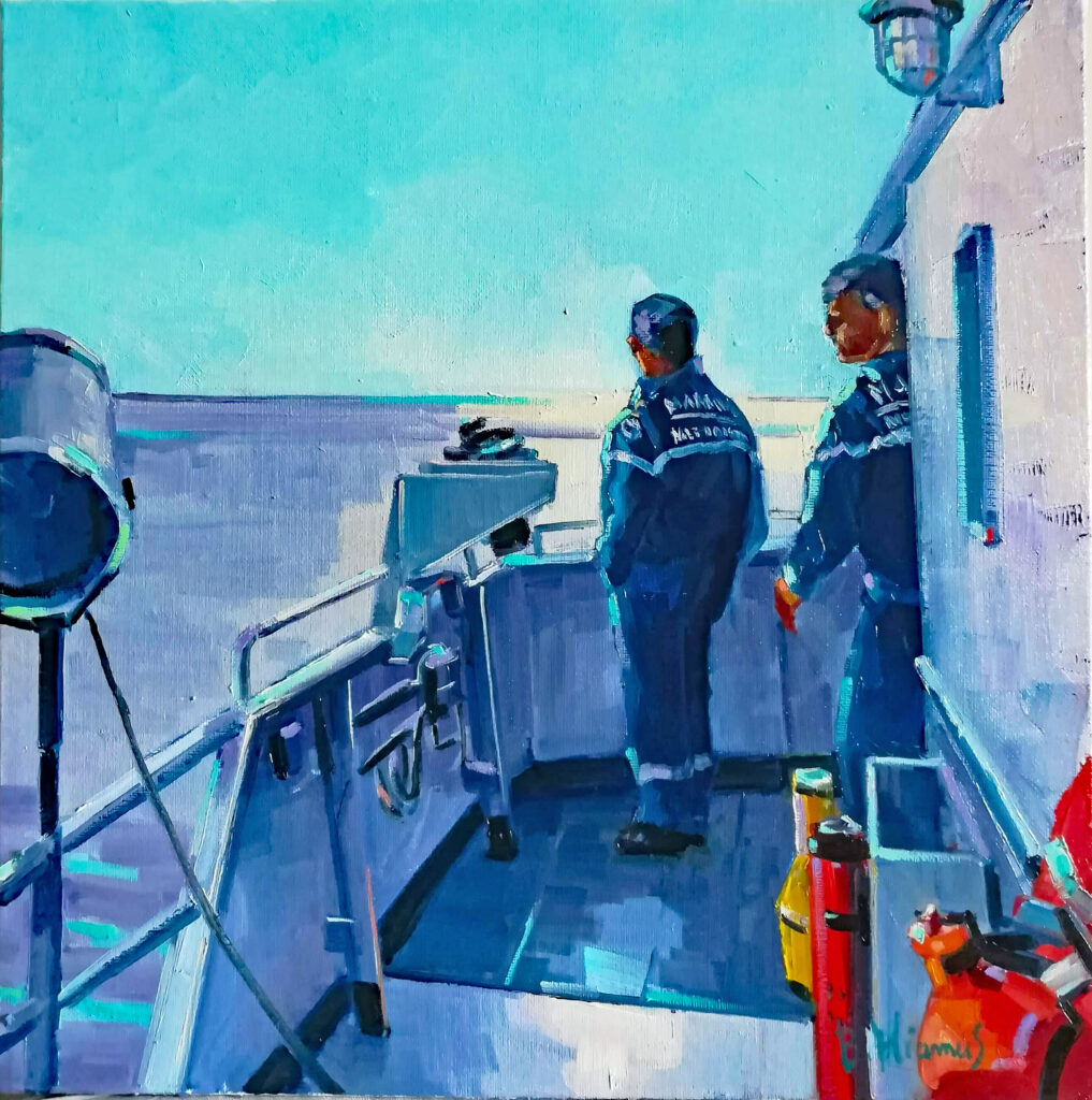 peinture à l'huile de béatrice aliamus sur la vie à bord de la panthère bateau-école marine nationale