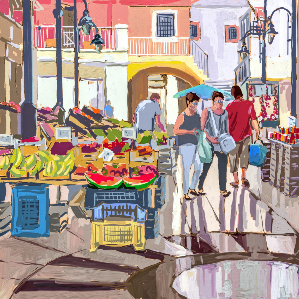 peinture numérique de béatrice aliamus, scène de marché à Crotone en Sicile avec les étals de fruits et légumes