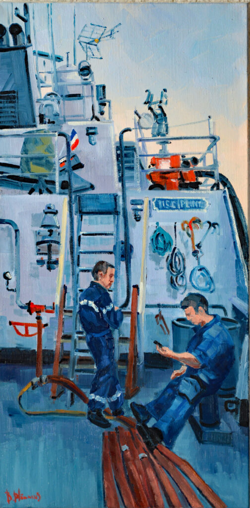 peinture à l'huile de béatrice aliamus, vie à bord d'un bateau-école marine nationale
