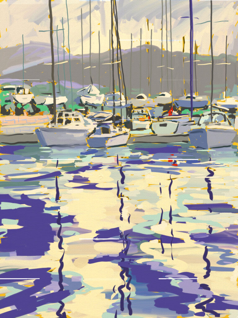 peinture numérique de béatrice aliamus, reflets du soir sur un port à Leros en grèce