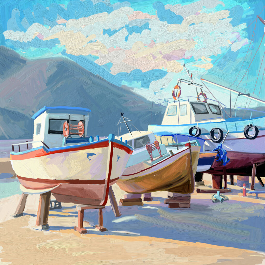peinture numérique de béatrice aliamus, barques de pêcheurs sur le quai à Fourni dans le Dodécanèse