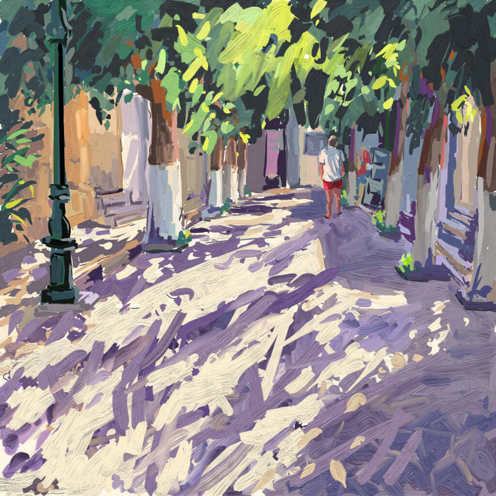 peinture numérique de béatrice aliamus, ruelle du village à l'ombre des muriers et jeux d'ombres en grèce