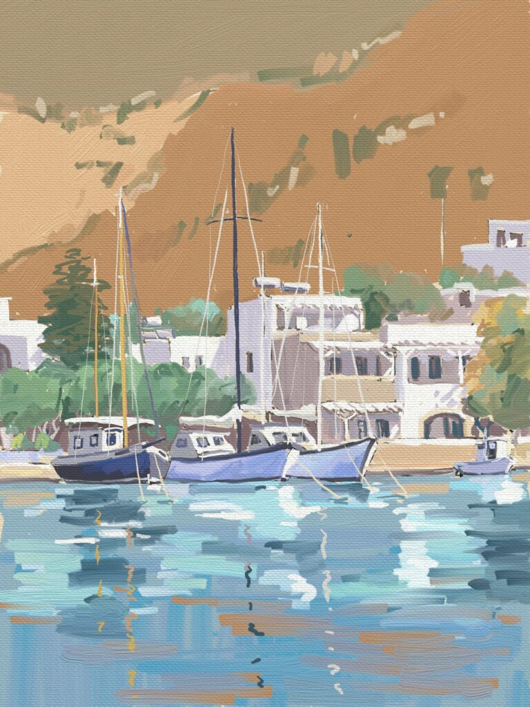 peinture numérique de béatrice aliamus, bateaux à quai sur l'ile de Patmos en grèce