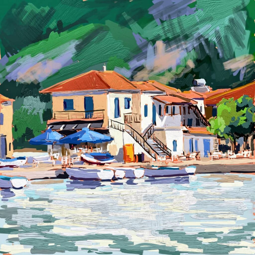 peinture numérique de béatrice aliamus avec taverna grecque et village grec