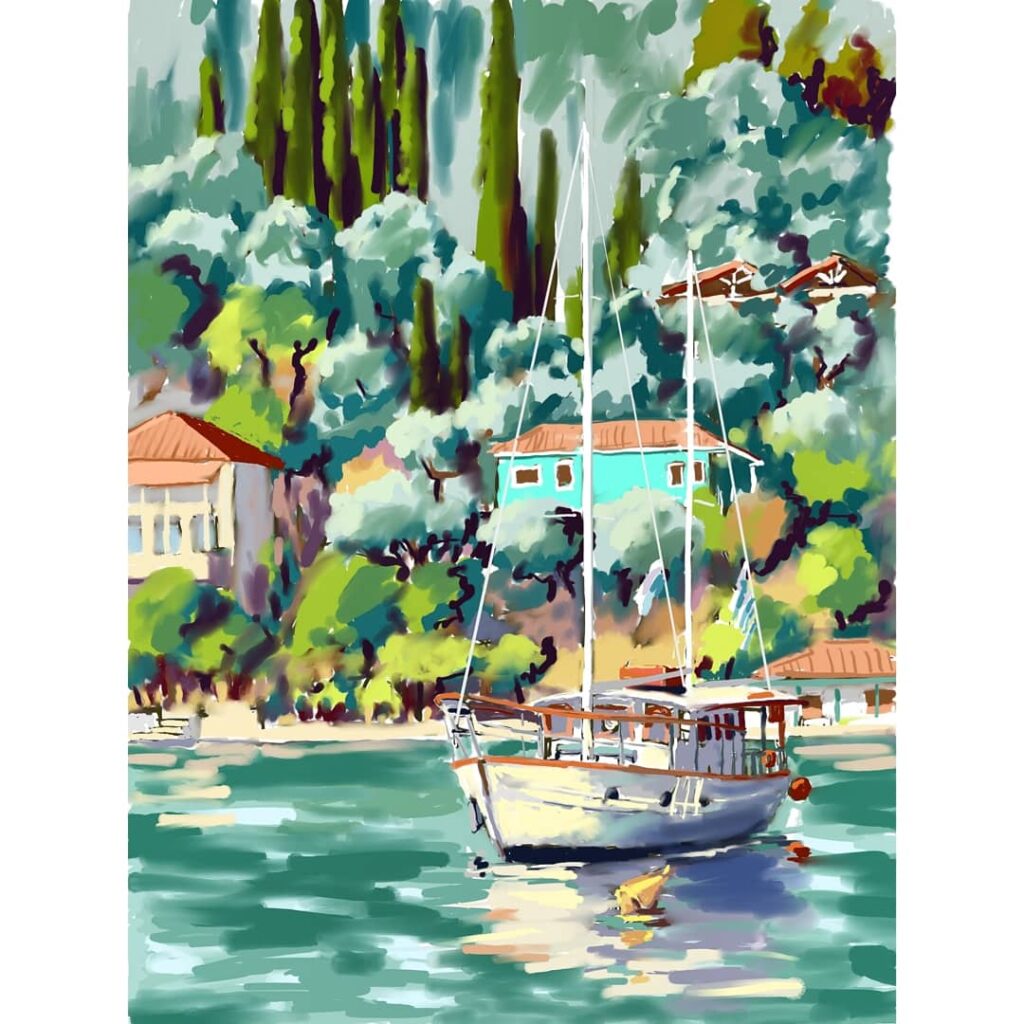 peinture numérique de béatrice aliamus avec bateau au mouillage dans une baie en grèce