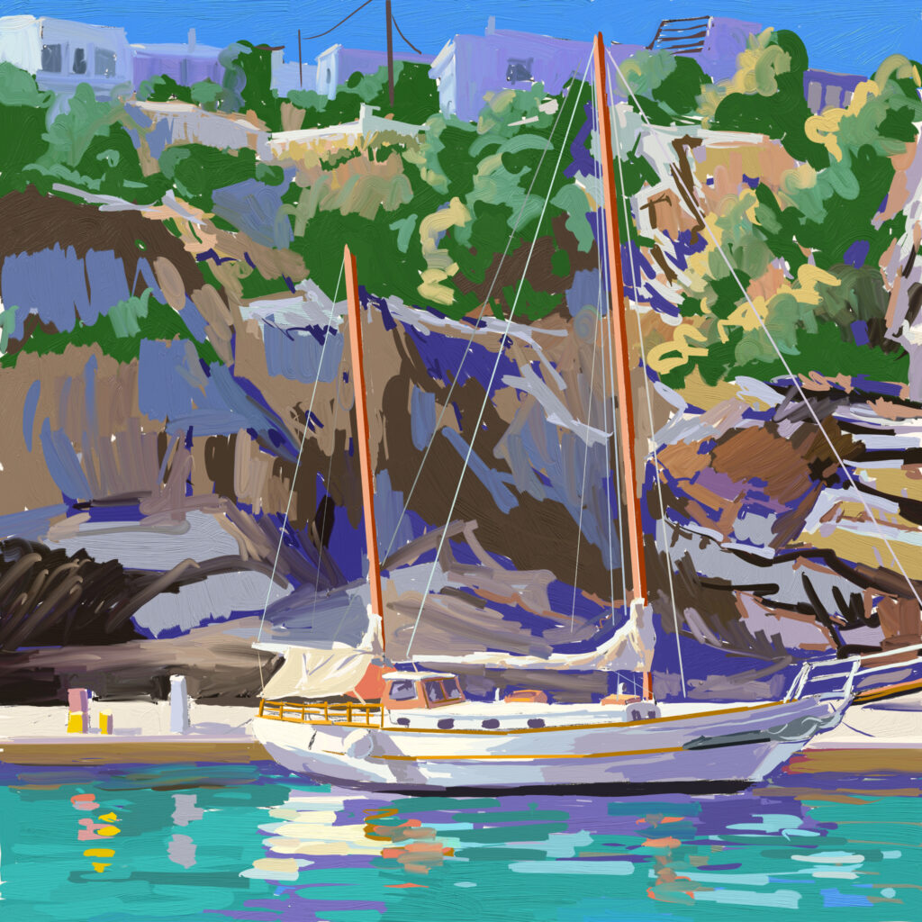 peinture numérique de béatrice aliamus, joli bateaux à 2 mats amarré au pied de la falaise en grèce