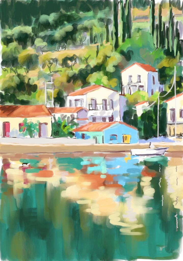 peinture numérique par béatrice aliamus sur l'île ionienne avec reglets des cyprès