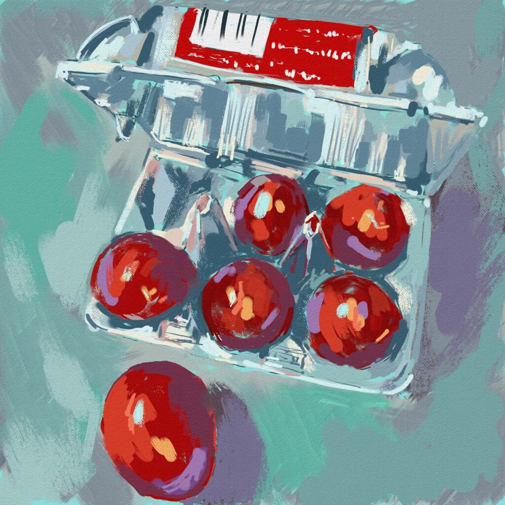 peinture numérique de béatrice aliamus, les oeufs peints en rouges pour célébrer la fête de Paques en Grèce