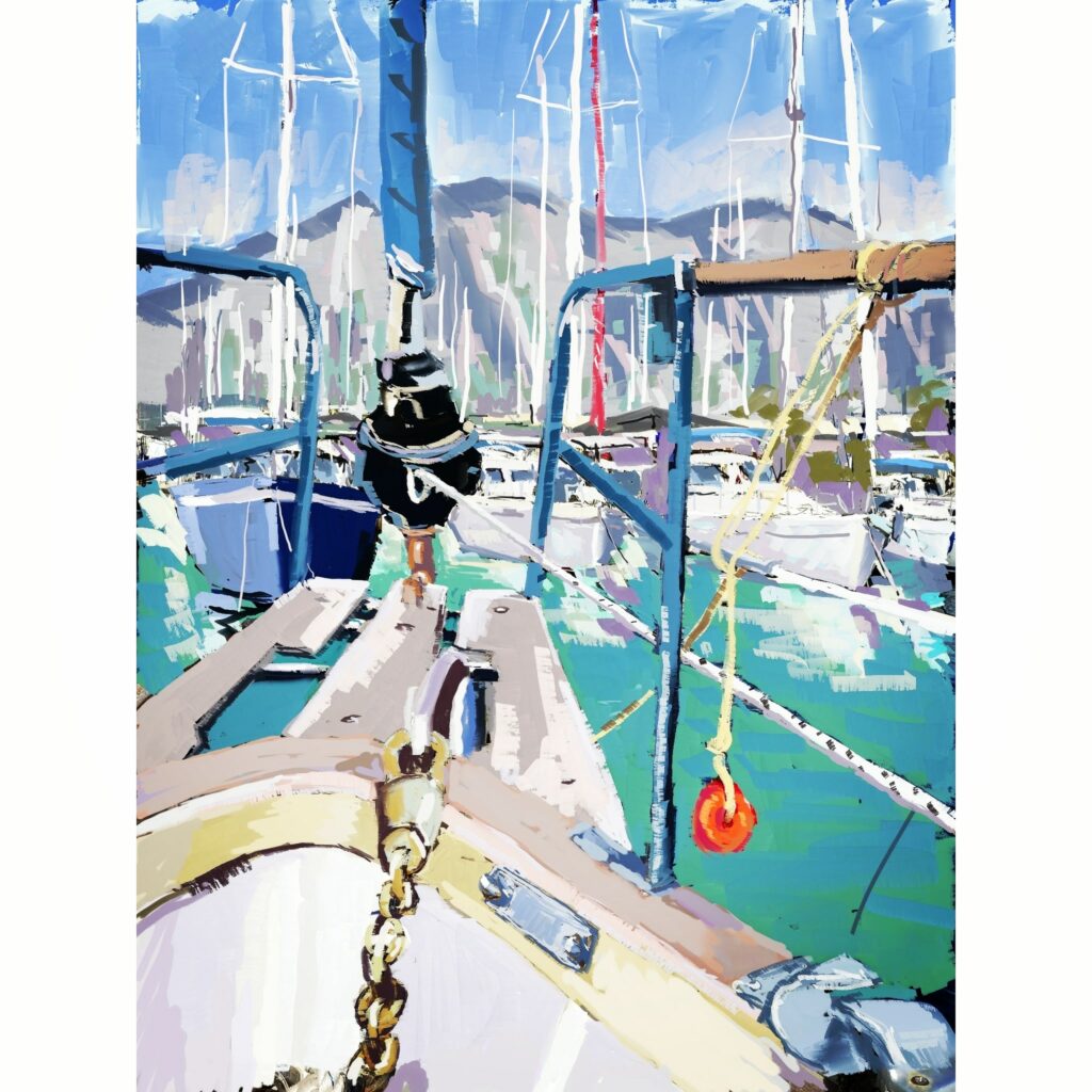 peinture numérique de béatrice aliamus avec bateau dans une marina grecque