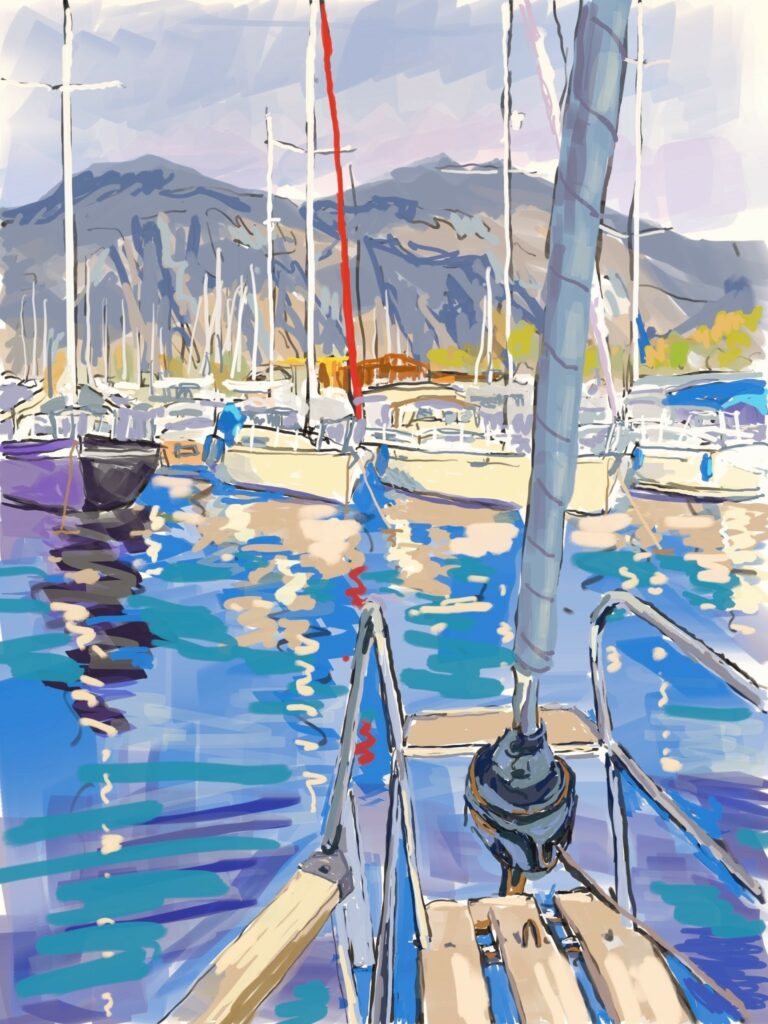 peinture numérique de béatrice aliamus avec les bateaux dans la marina en grèce