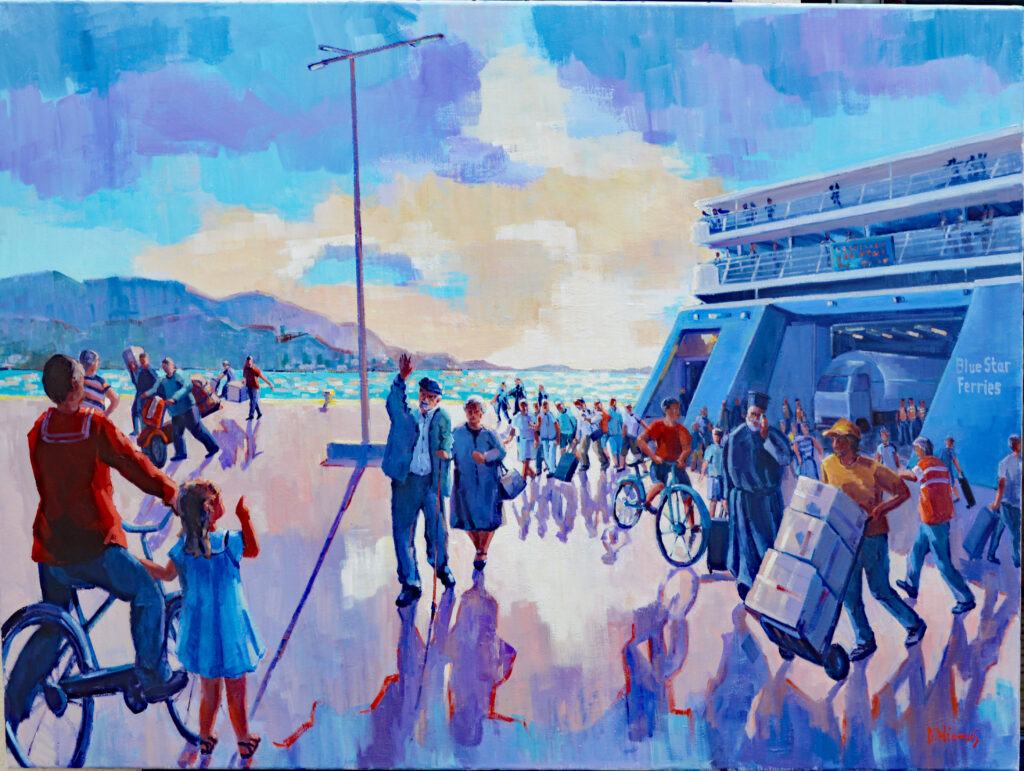 Le ferry du matin - arrivée à Leros - bateaux, ferry, huiles béatrice aliamus