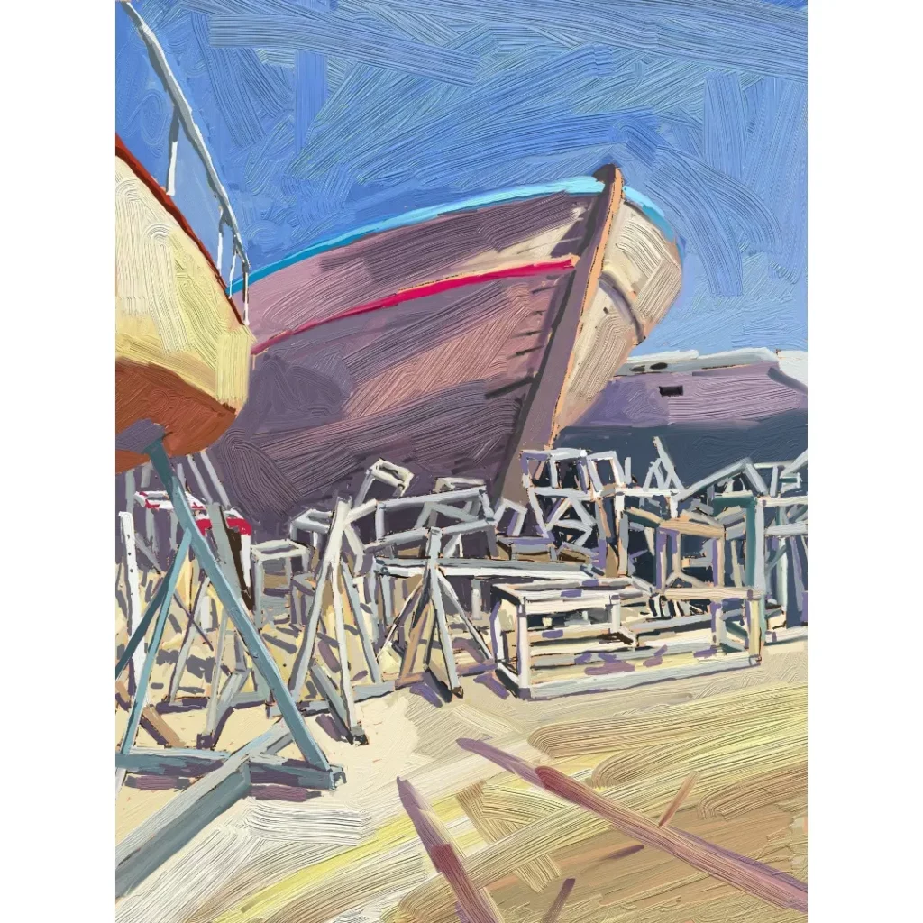 peinture numérique de béatrice aliamus, bateau en bois au chantier et en travaux