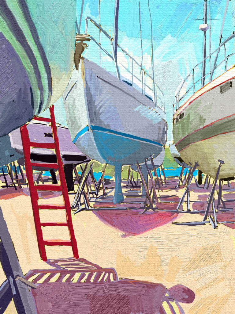 peinture numérique de béatrice aliamus, sur le terre-plein, ombres sous les coques de bateaux