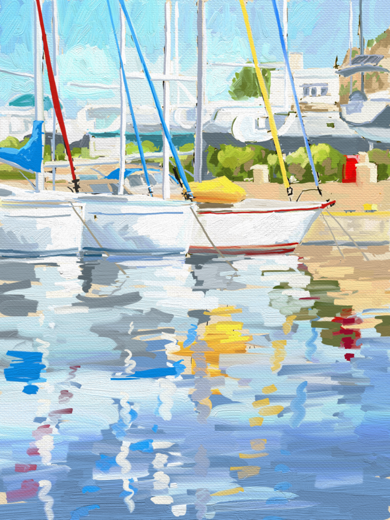 peinture numérique de béatrice aliamus, bateaux dans le port et sur le quai à Leros, dodécanèse
