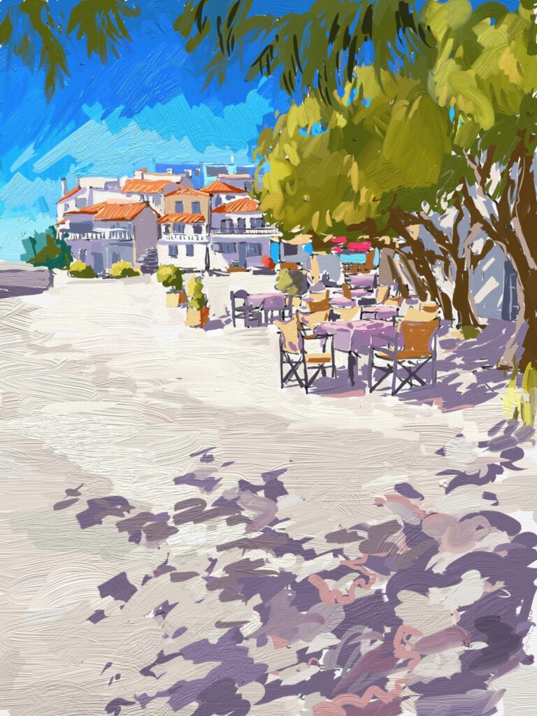 peinture numérique de béatrice aliamus, un village grec sur l'ile de Samos Dodécanèse