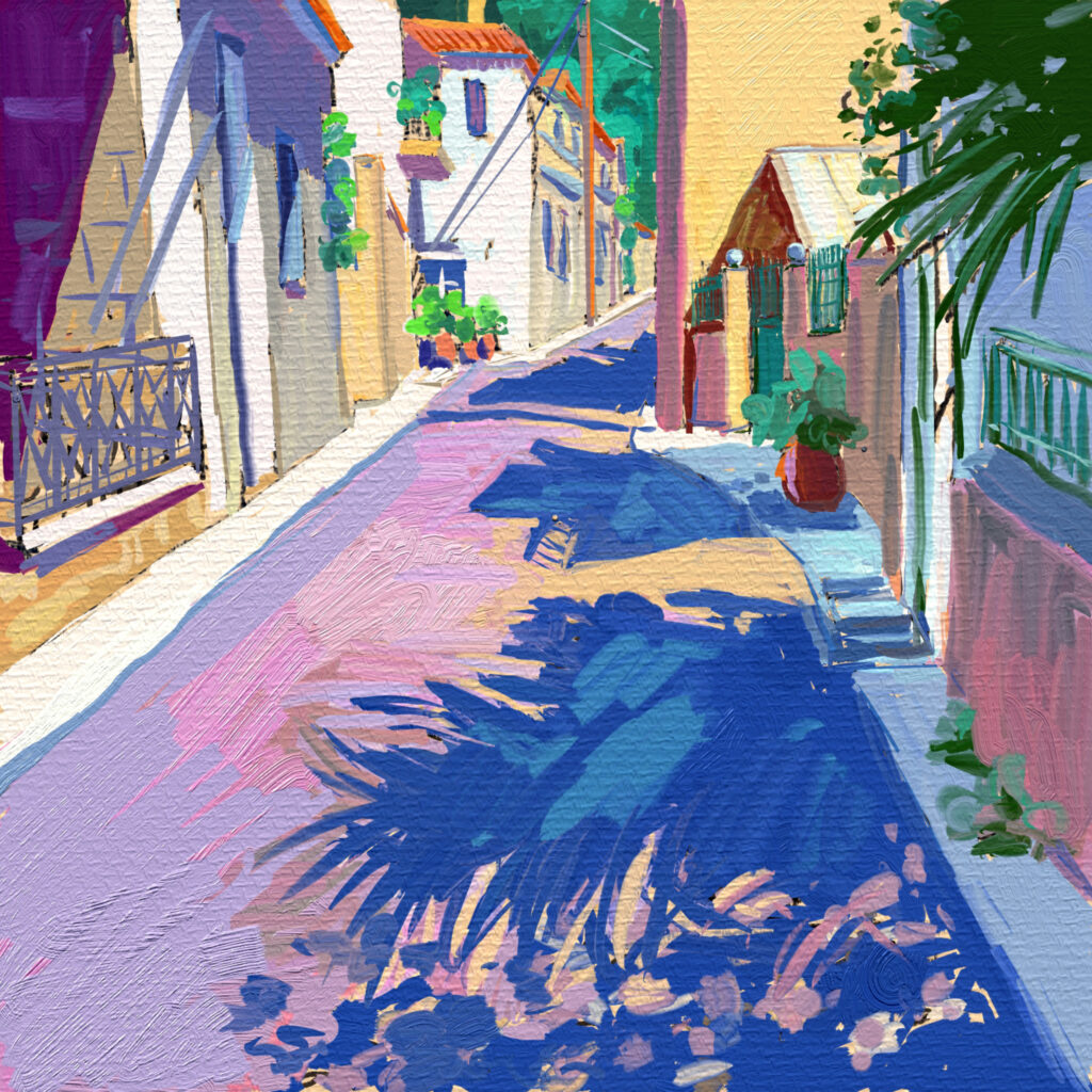 peinture numérique de béatrice aliamus, ombres dans les rulles d'un village en grèce sur l'ile de samos