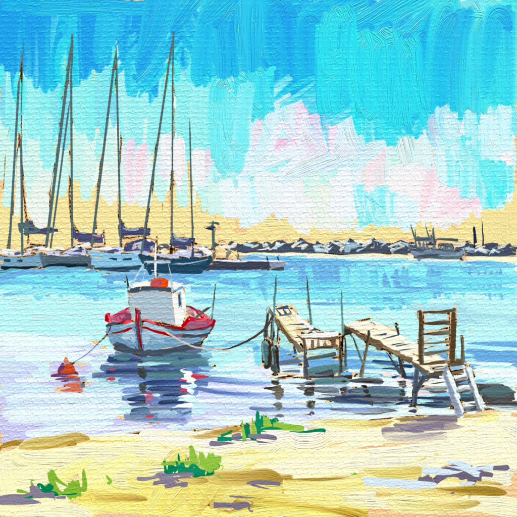 peinture numérique de béatrice aliamus, embarcadère et barques sur le rivage à Samos en grèce
